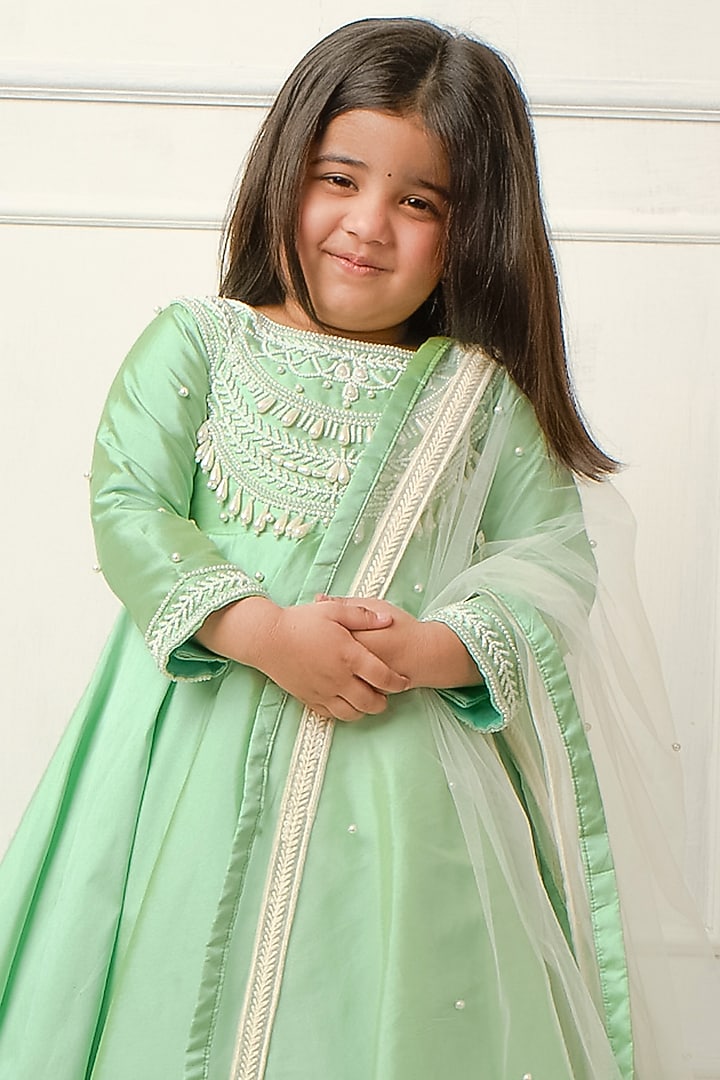 Pastel Green Taffeta Anarkali With Dupatta For Girls by Devykids at Pernia's Pop Up Shop