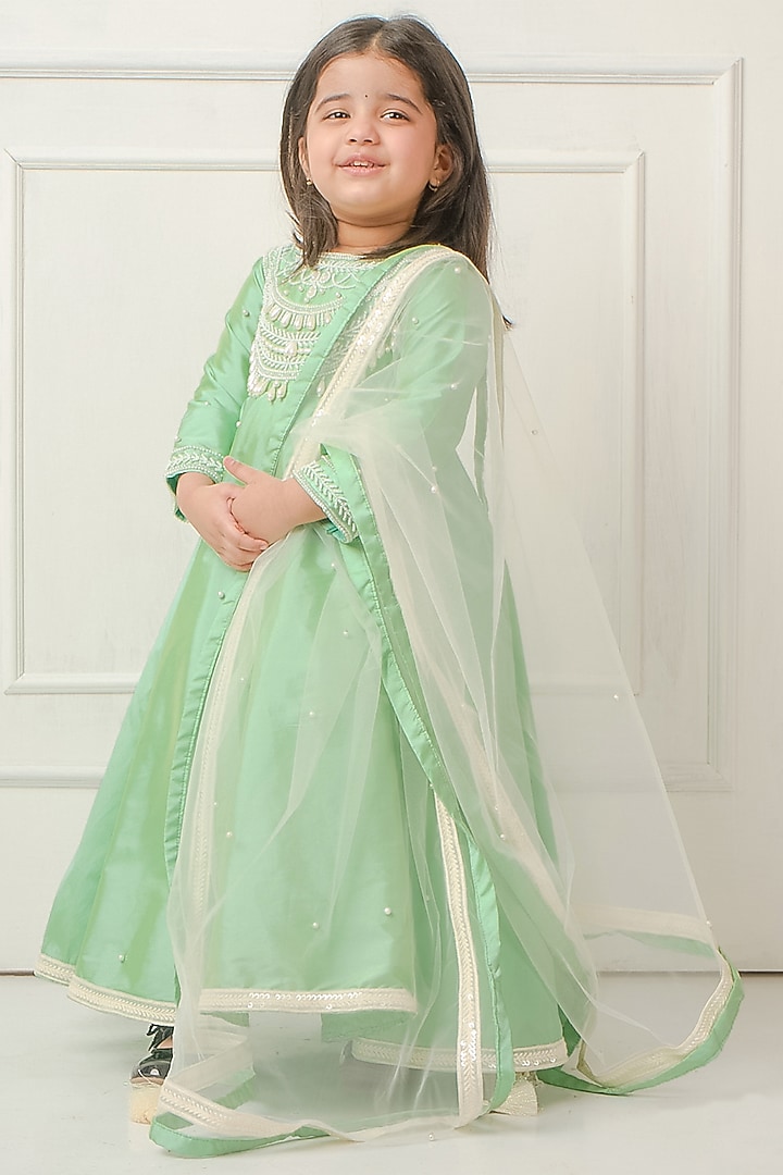 Pastel Green Taffeta Anarkali With Dupatta For Girls by Devykids at Pernia's Pop Up Shop