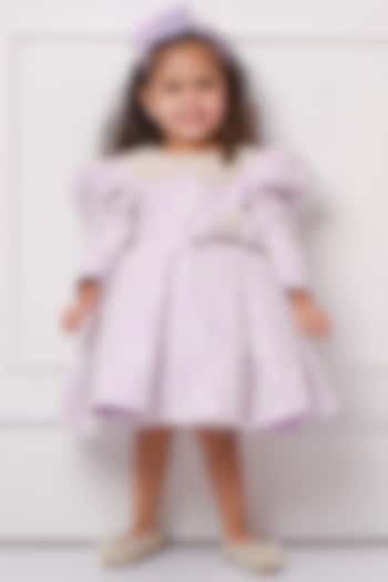 Lavender Banana Crepe Pearl Embellished Flared Dress For Girls by Devykids at Pernia's Pop Up Shop