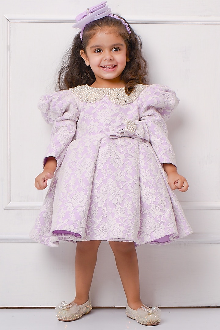 Lavender Banana Crepe Pearl Embellished Flared Dress For Girls by Devykids at Pernia's Pop Up Shop