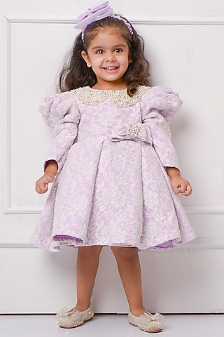 Lavender Banana Crepe Pearl Embellished Flared Dress For Girls by Devykids