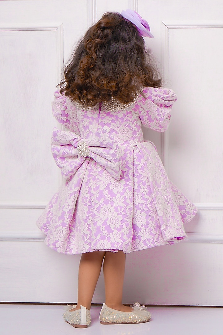 Lavender Banana Crepe Pearl Embellished Flared Dress For Girls by Devykids at Pernia's Pop Up Shop