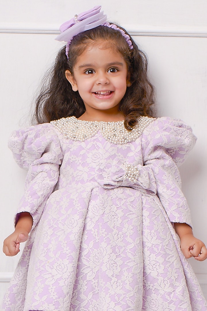 Lavender Banana Crepe Pearl Embellished Flared Dress For Girls by Devykids at Pernia's Pop Up Shop