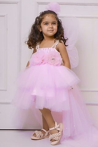 Pink Net & Soft Tulle Layered Dress For Girls by Devykids