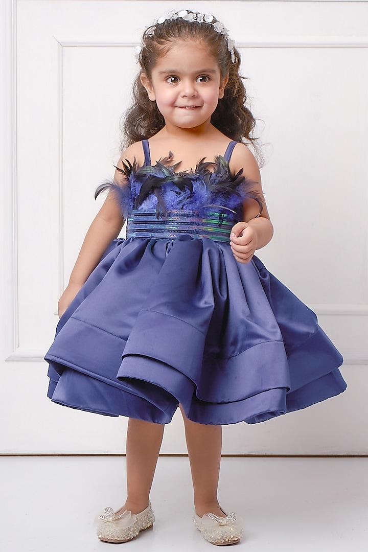 Navy Blue Satin Flared Dress For Girls by Devykids at Pernia's Pop Up Shop
