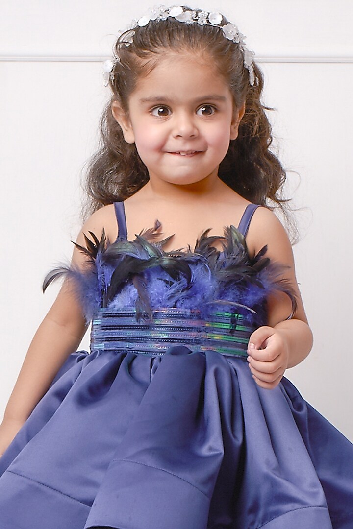 Navy Blue Satin Flared Dress For Girls by Devykids at Pernia's Pop Up Shop