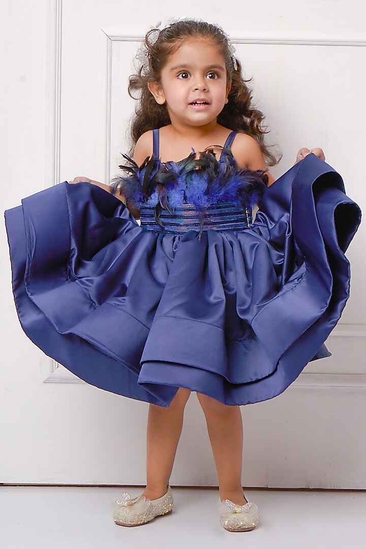 Navy Blue Satin Flared Dress For Girls by Devykids at Pernia's Pop Up Shop