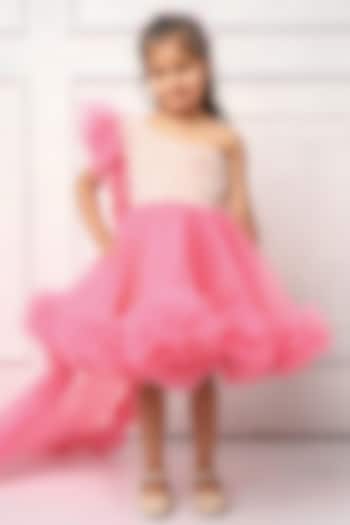 Baby Pink Tulle One-Shoulder Gown For Girls by Devykids at Pernia's Pop Up Shop