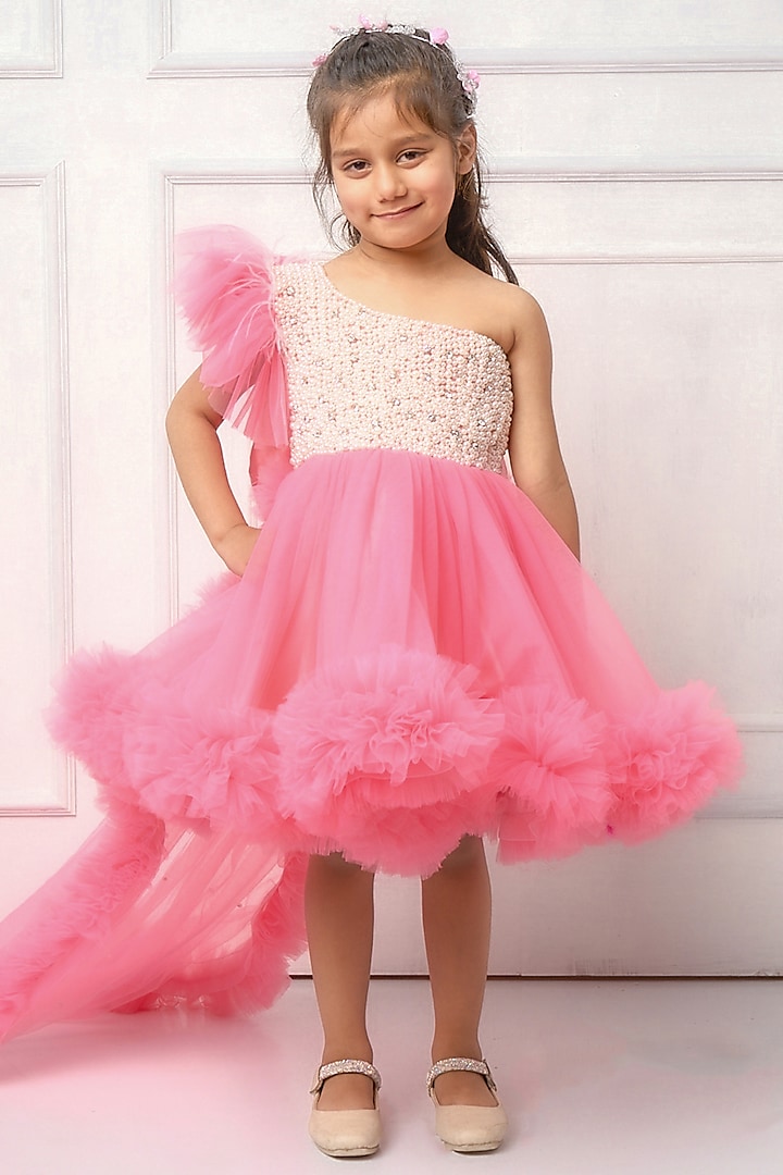Baby Pink Tulle One-Shoulder Gown For Girls by Devykids at Pernia's Pop Up Shop