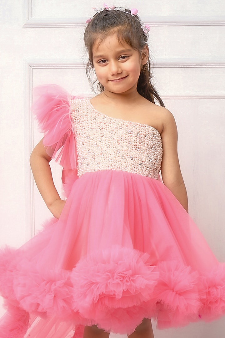 Baby Pink Tulle One-Shoulder Gown For Girls by Devykids at Pernia's Pop Up Shop