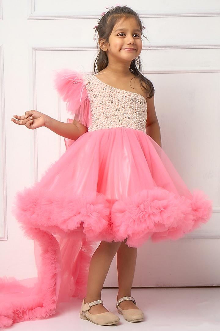 Baby Pink Tulle One-Shoulder Gown For Girls by Devykids at Pernia's Pop Up Shop