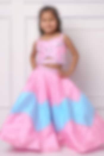 Blue & Pink Taffeta Chevron Lehenga Set For Girls by Devykids at Pernia's Pop Up Shop