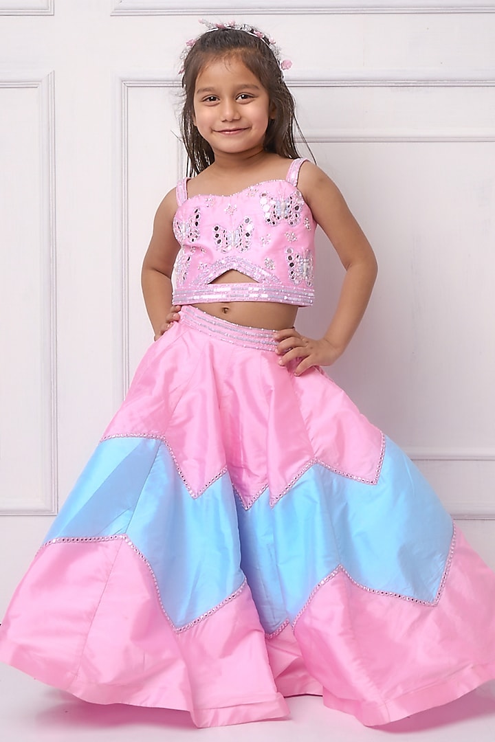 Blue & Pink Taffeta Chevron Lehenga Set For Girls by Devykids at Pernia's Pop Up Shop