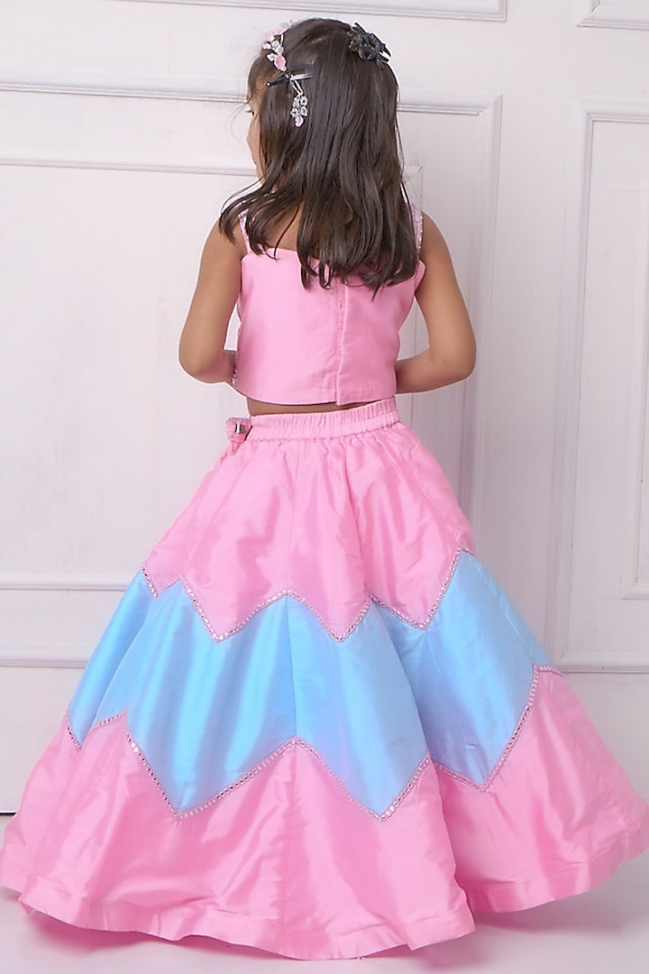 Blue & Pink Taffeta Chevron Lehenga Set For Girls by Devykids at Pernia's Pop Up Shop