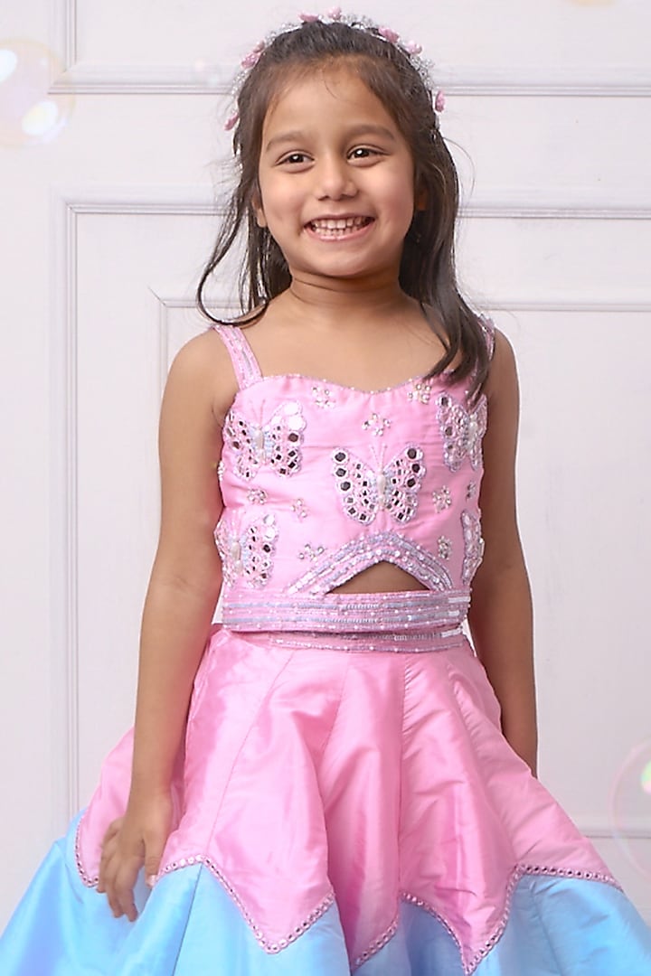 Blue & Pink Taffeta Chevron Lehenga Set For Girls by Devykids at Pernia's Pop Up Shop