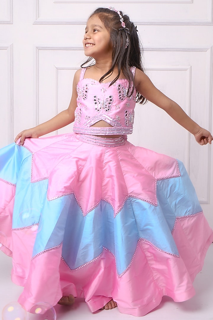 Blue & Pink Taffeta Chevron Lehenga Set For Girls by Devykids at Pernia's Pop Up Shop