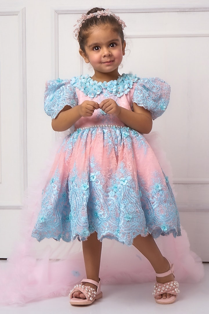 Blue & Pink Banana Crepe Ruffled Dress For Girls by Devykids at Pernia's Pop Up Shop