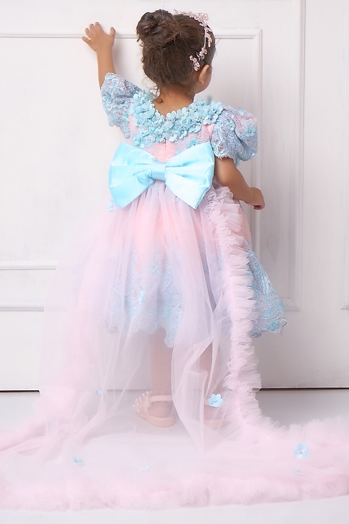 Blue & Pink Banana Crepe Ruffled Dress For Girls by Devykids at Pernia's Pop Up Shop
