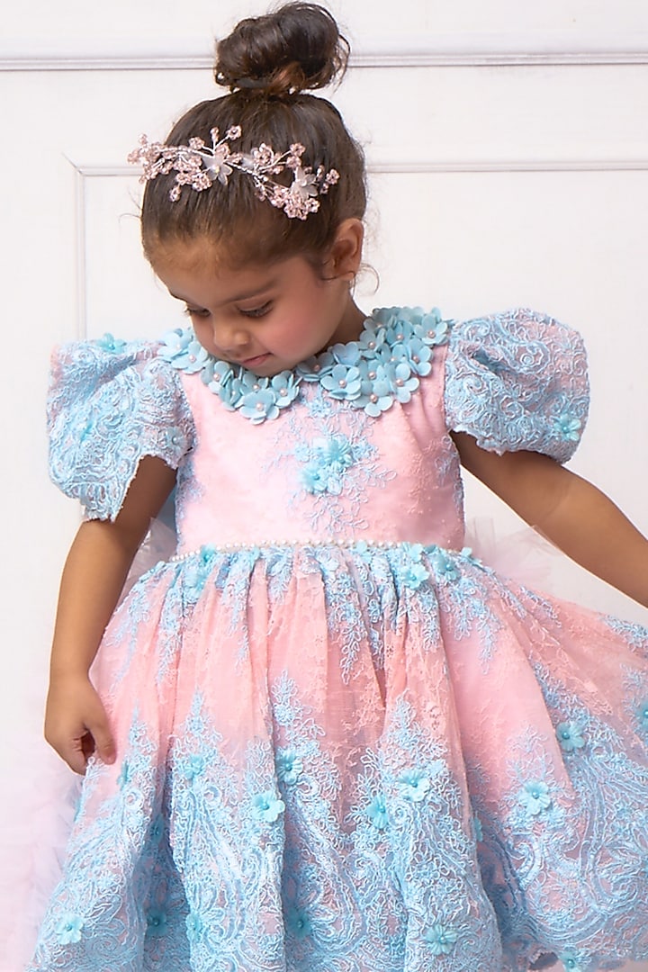 Blue & Pink Banana Crepe Ruffled Dress For Girls by Devykids at Pernia's Pop Up Shop