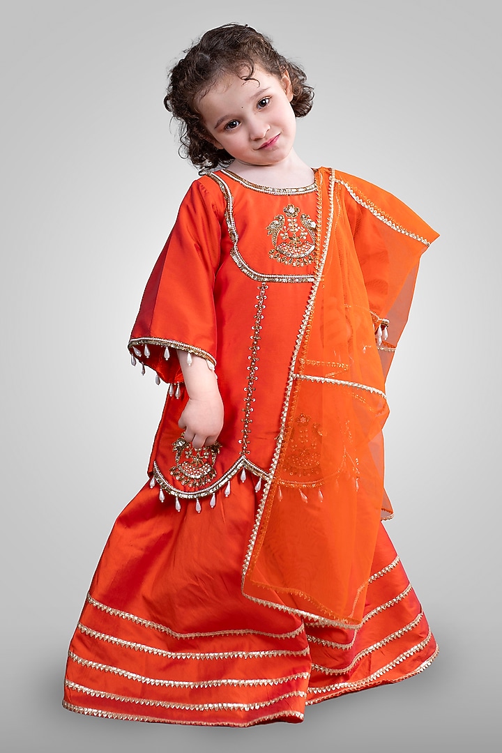 Sunset Orange Taffeta Sharara Set For Girls by Devykids at Pernia's Pop Up Shop