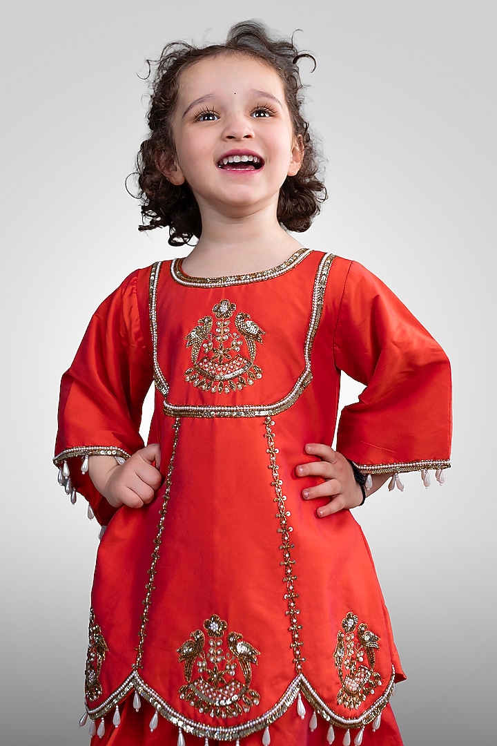 Sunset Orange Taffeta Sharara Set For Girls by Devykids at Pernia's Pop Up Shop