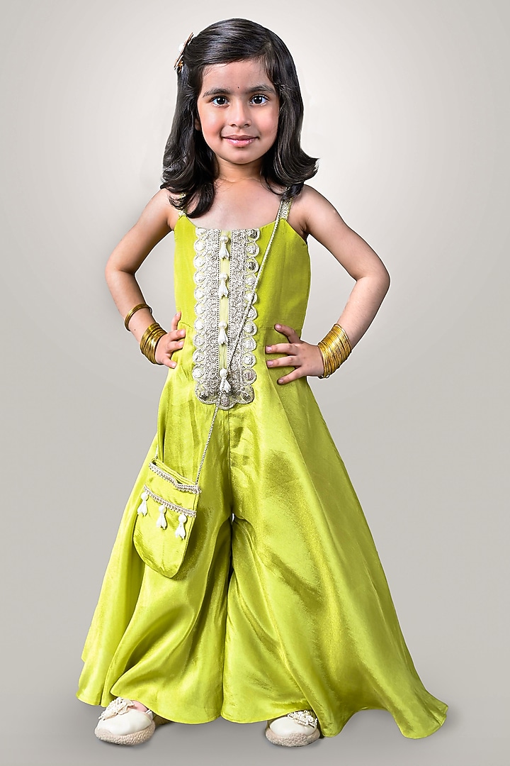 Lime Green Tissue Lace Embroidered Jumpsuit For Girls by Devykids at Pernia's Pop Up Shop
