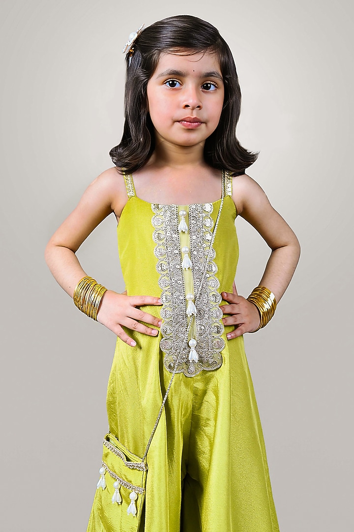 Lime Green Tissue Lace Embroidered Jumpsuit For Girls by Devykids at Pernia's Pop Up Shop