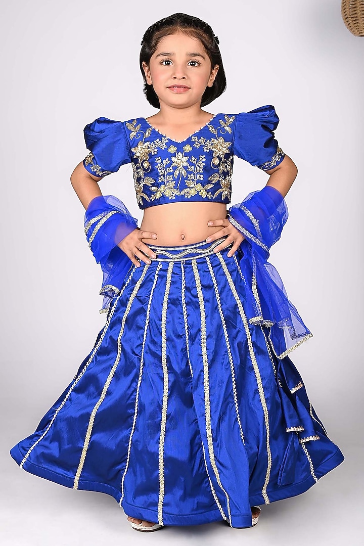 Royal Blue Taffeta Sequin Embellished Lehenga Set For Girls by Devykids at Pernia's Pop Up Shop