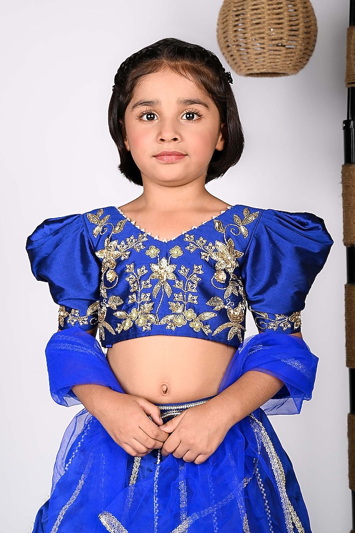 Royal Blue Taffeta Sequin Embellished Lehenga Set For Girls by Devykids at Pernia's Pop Up Shop