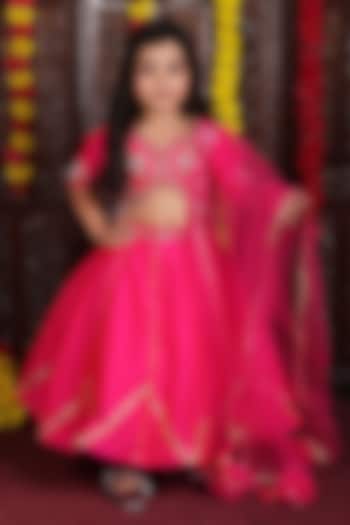 Fuchsia Pink Taffeta Embroidered Lehenga Set For Girls by Devykids at Pernia's Pop Up Shop