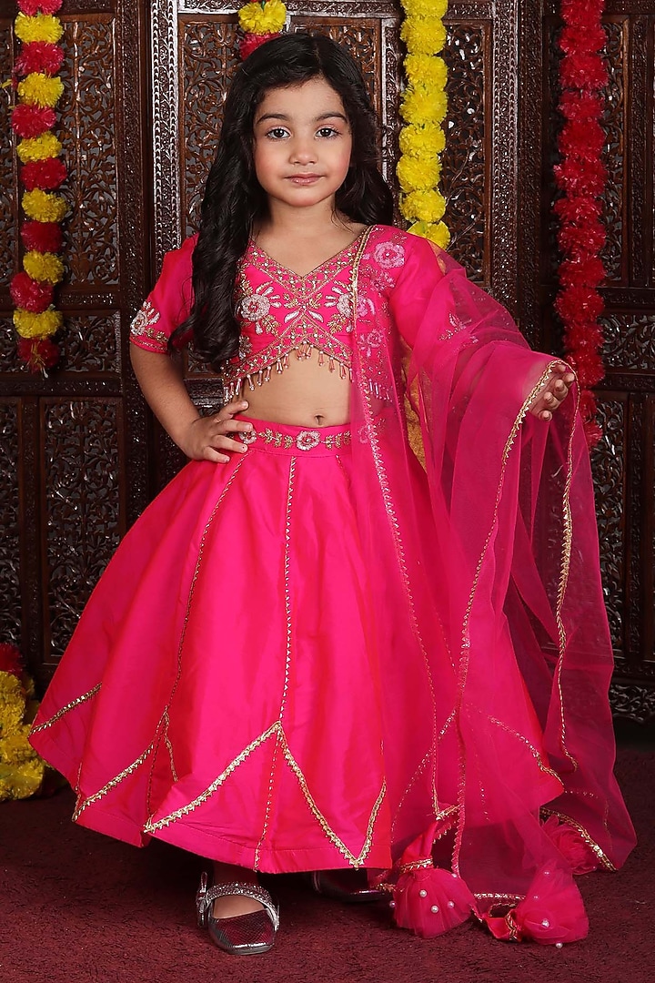 Fuchsia Pink Taffeta Embroidered Lehenga Set For Girls by Devykids at Pernia's Pop Up Shop