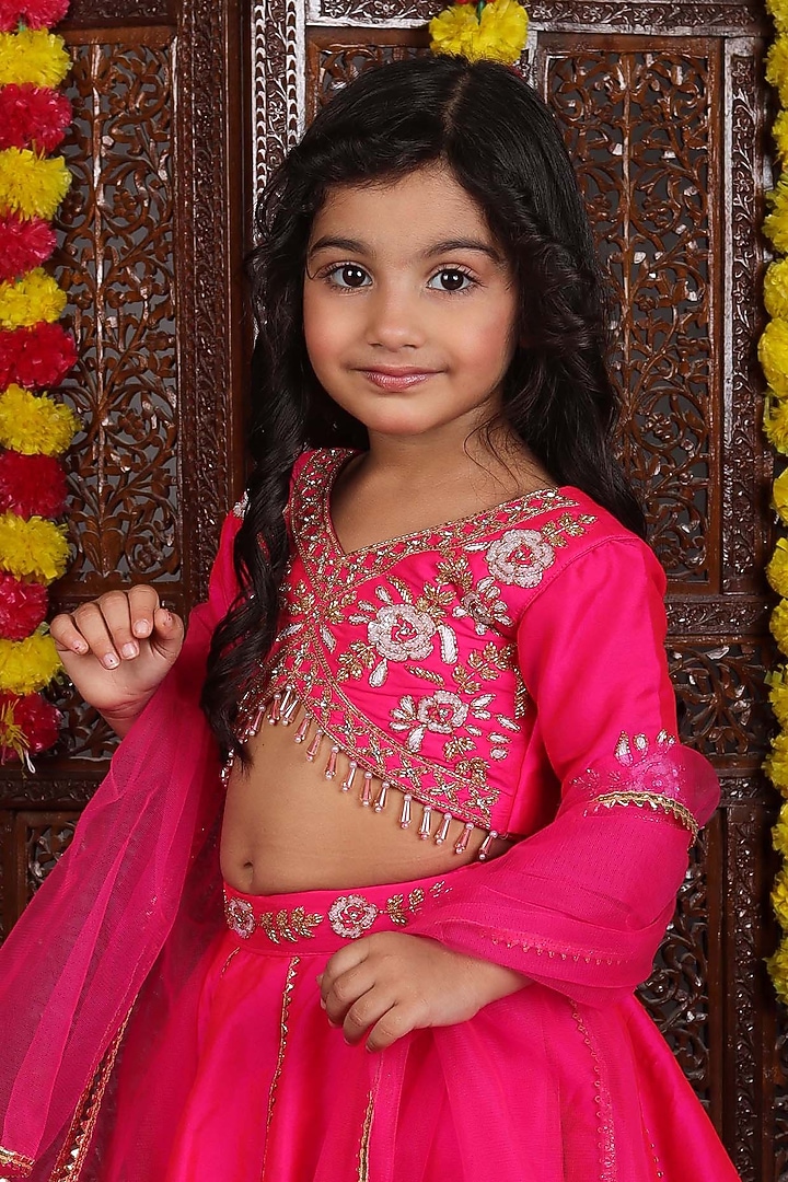 Fuchsia Pink Taffeta Embroidered Lehenga Set For Girls by Devykids at Pernia's Pop Up Shop