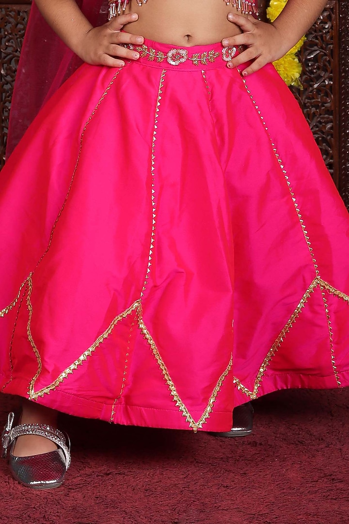 Fuchsia Pink Taffeta Embroidered Lehenga Set For Girls by Devykids at Pernia's Pop Up Shop