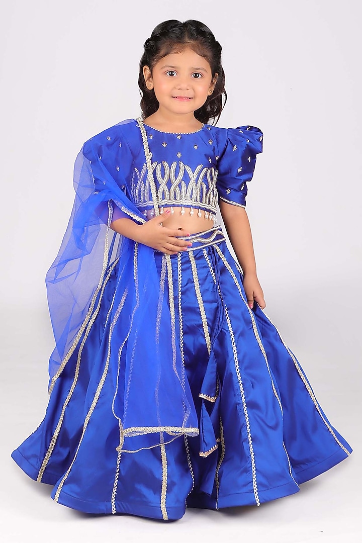 Royal Blue Taffeta Sequin Embellished Lehenga Set For Girls by Devykids at Pernia's Pop Up Shop