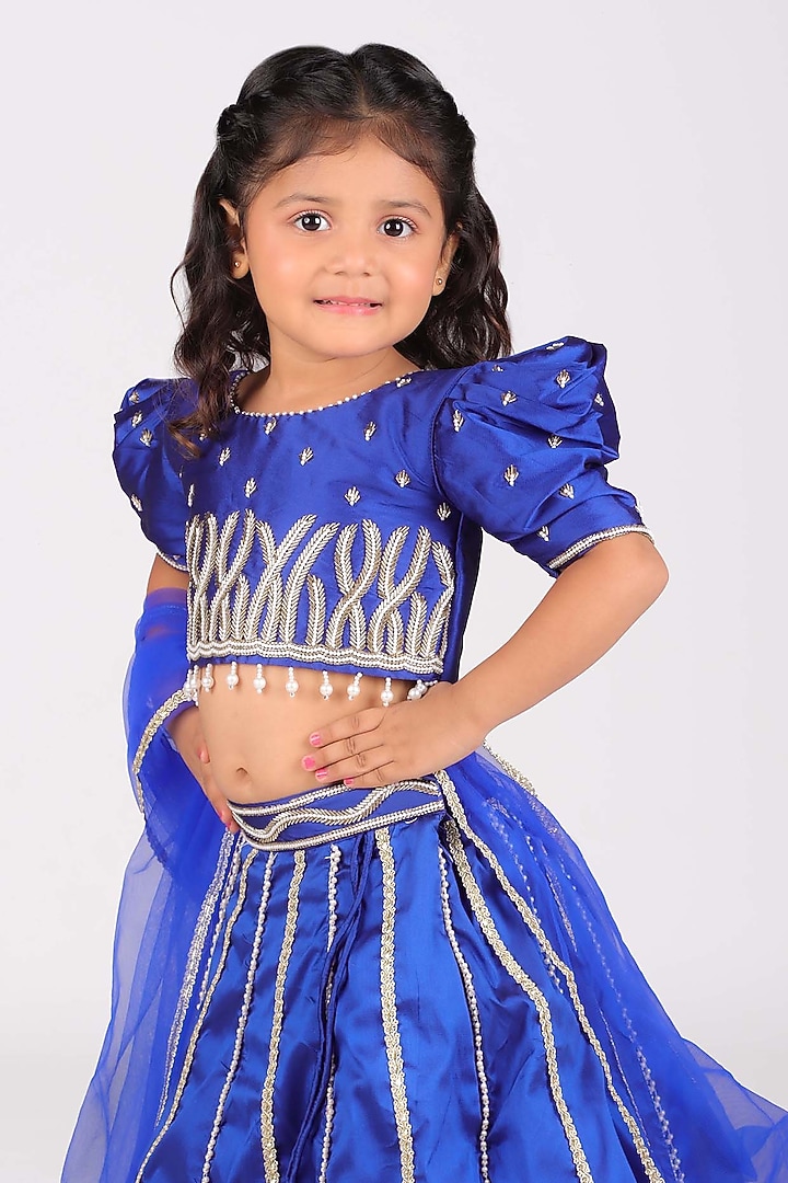 Royal Blue Taffeta Sequin Embellished Lehenga Set For Girls by Devykids at Pernia's Pop Up Shop