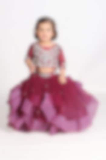 Wine Net Embroidered Lehenga Set For Girls by Devykids at Pernia's Pop Up Shop