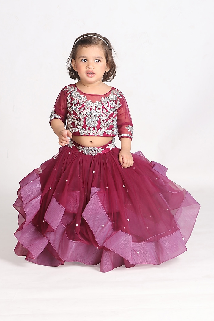 Wine Net Embroidered Lehenga Set For Girls by Devykids at Pernia's Pop Up Shop