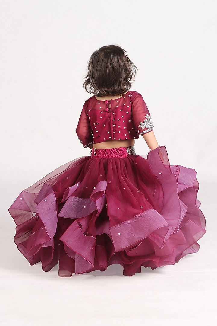Wine Net Embroidered Lehenga Set For Girls by Devykids at Pernia's Pop Up Shop