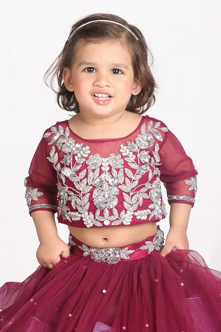 Wine Net Embroidered Lehenga Set For Girls by Devykids at Pernia's Pop Up Shop