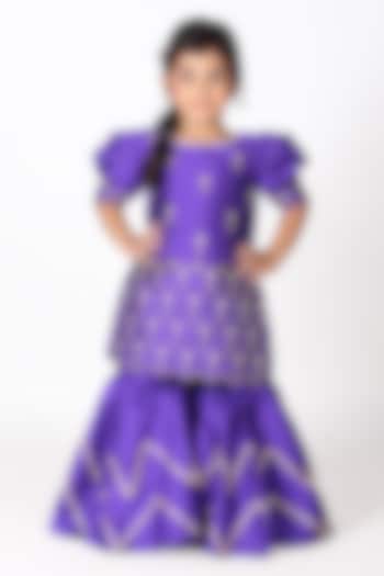 Royal Violet Taffeta Embroidered Sharara Set For Girls by Devykids at Pernia's Pop Up Shop