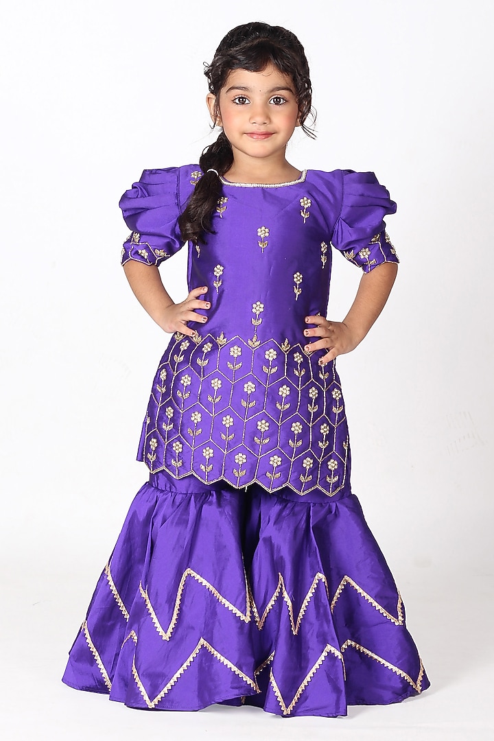 Royal Violet Taffeta Embroidered Sharara Set For Girls by Devykids at Pernia's Pop Up Shop