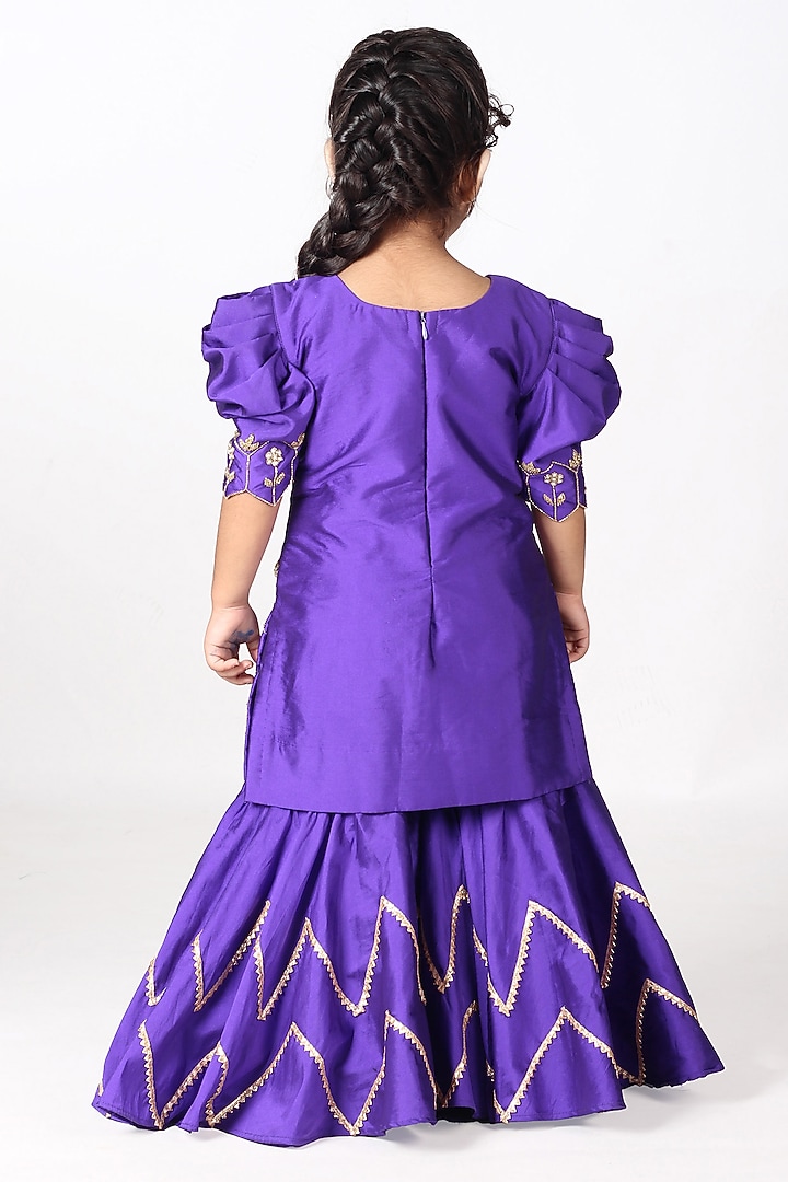Royal Violet Taffeta Embroidered Sharara Set For Girls by Devykids at Pernia's Pop Up Shop