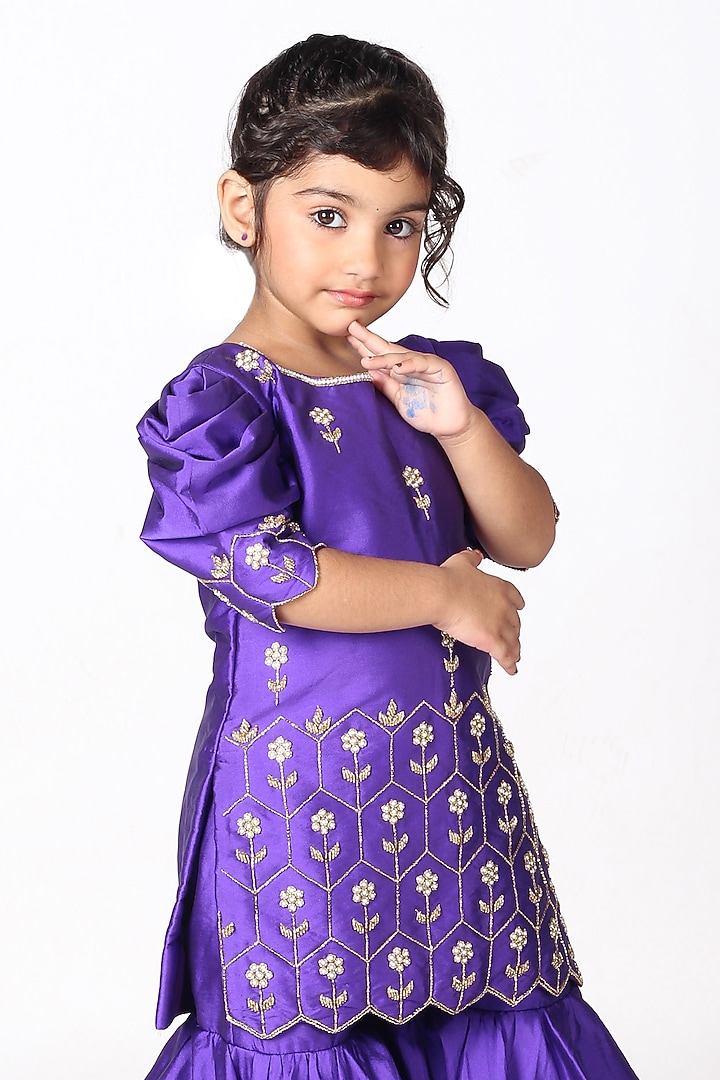 Royal Violet Taffeta Embroidered Sharara Set For Girls by Devykids at Pernia's Pop Up Shop