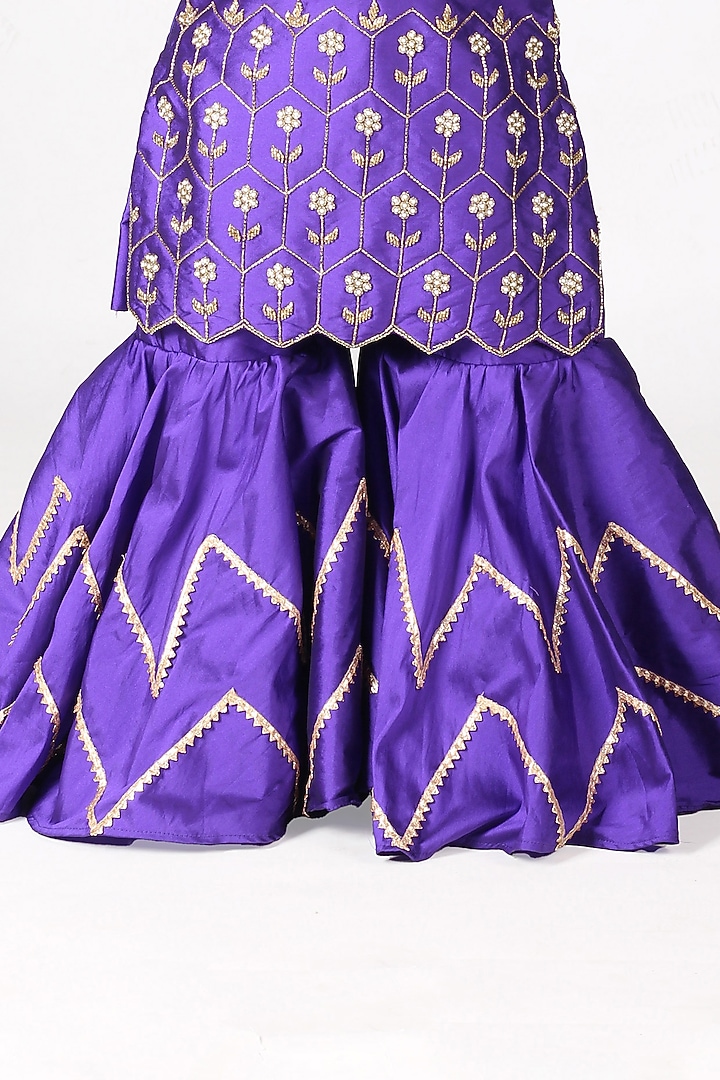 Royal Violet Taffeta Embroidered Sharara Set For Girls by Devykids at Pernia's Pop Up Shop