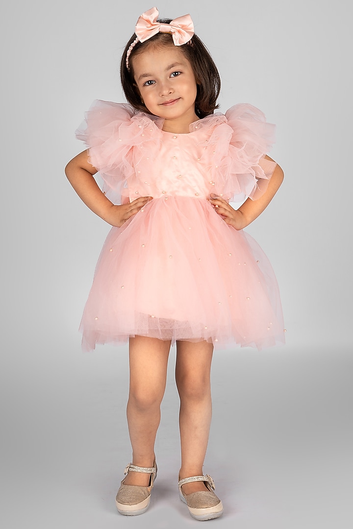 Baby Pink Net Pearl Embellished Dress For Girls by Devykids at Pernia's Pop Up Shop