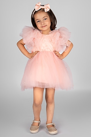 Baby Pink Net Pearl Embellished Dress For Girls by Devykids