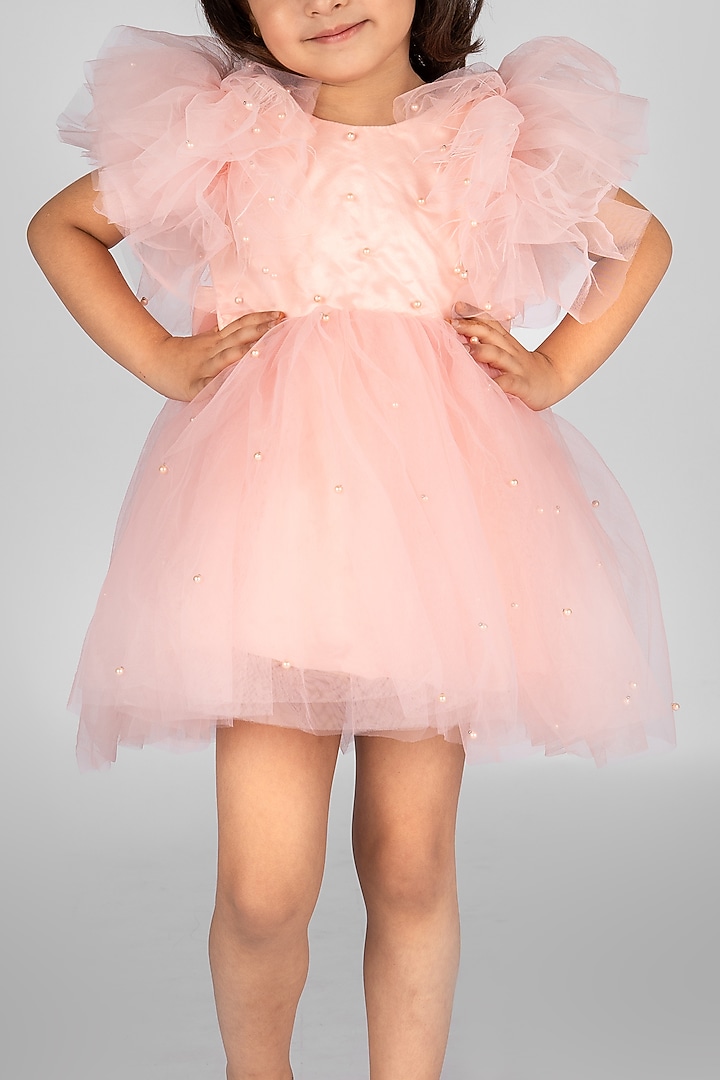 Baby Pink Net Pearl Embellished Dress For Girls by Devykids at Pernia's Pop Up Shop