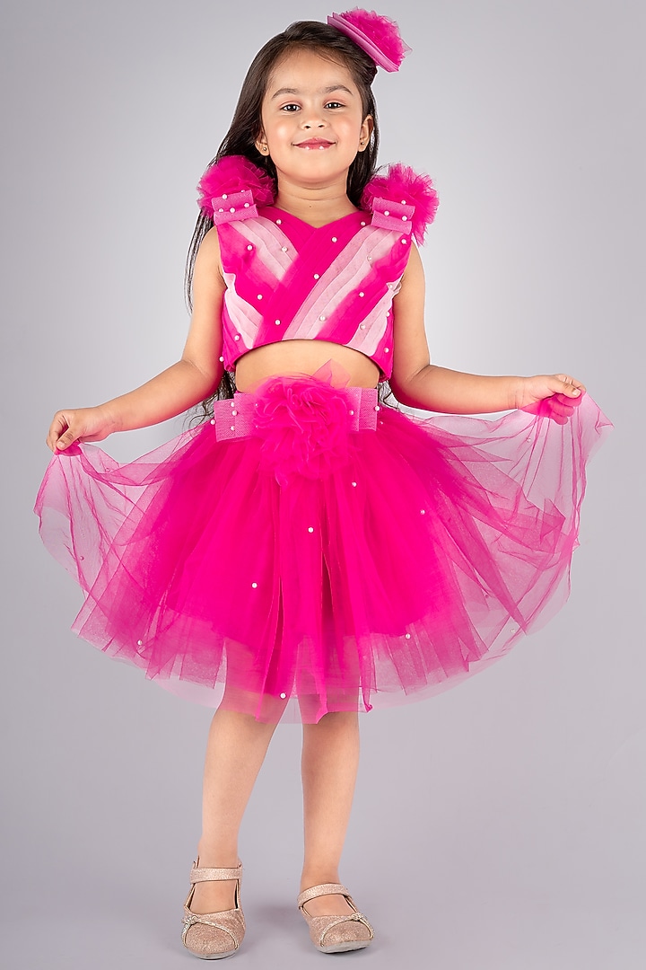 Hot Pink Net Skirt Set For Girls by Devykids at Pernia's Pop Up Shop