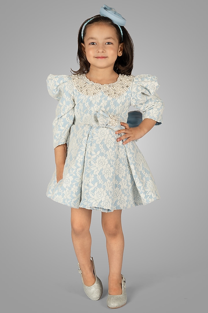 Blue Net Embellished Dress For Girls by Devykids at Pernia's Pop Up Shop