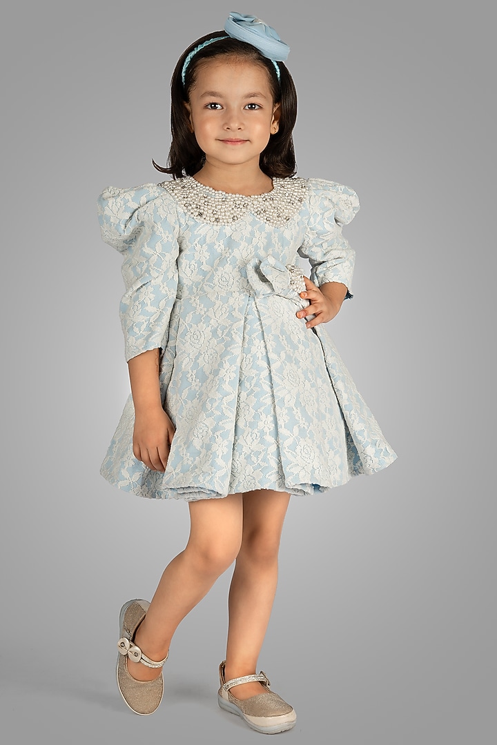 Blue Net Embellished Dress For Girls by Devykids at Pernia's Pop Up Shop